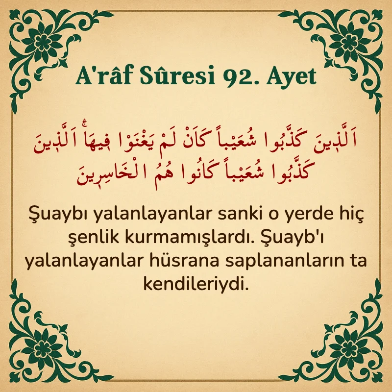 A'râf Sûresi 92. Ayet Arapça ve Türkçe meali