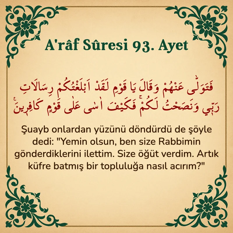 A'râf Sûresi 93. Ayet Arapça ve Türkçe meali