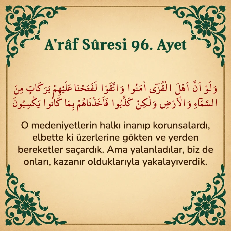 A'râf Sûresi 96. Ayet Arapça ve Türkçe meali