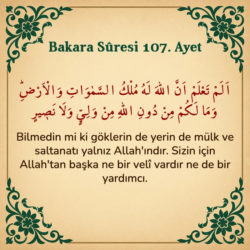 Bakara Suresi 107. Ayet Arapça ve Türkçe meali