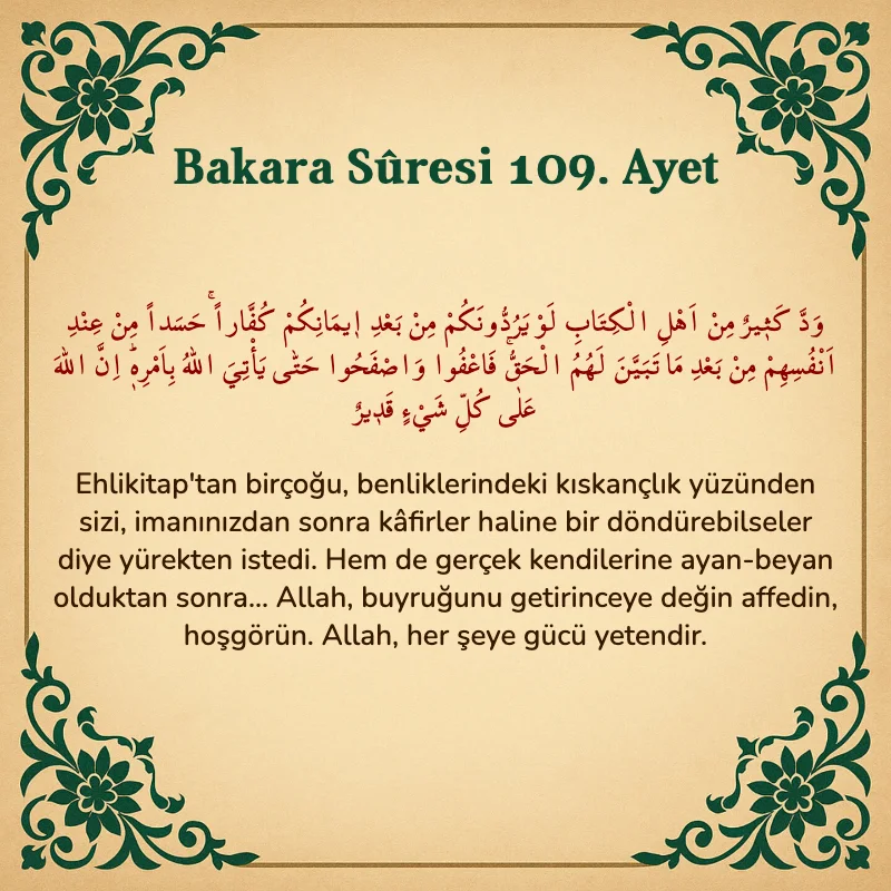 Bakara Suresi 109. Ayet  Arapça ve Türkçe meali