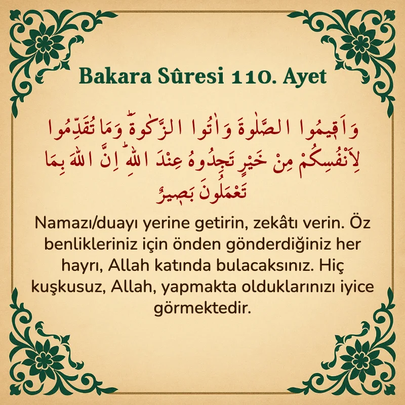 Bakara Suresi 110. Ayet Arapça ve Türkçe meali