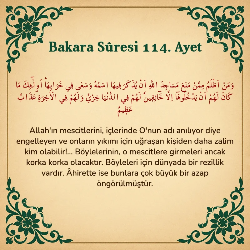 Bakara Suresi 114. Ayet Arapça ve Türkçe meali