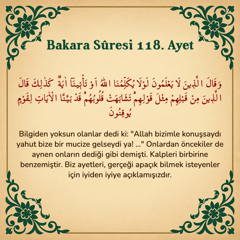 Bakara Suresi 118. Ayet Arapça ve Türkçe meali