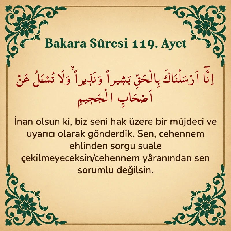Bakara Suresi 119. Ayet Arapça ve Türkçe meali