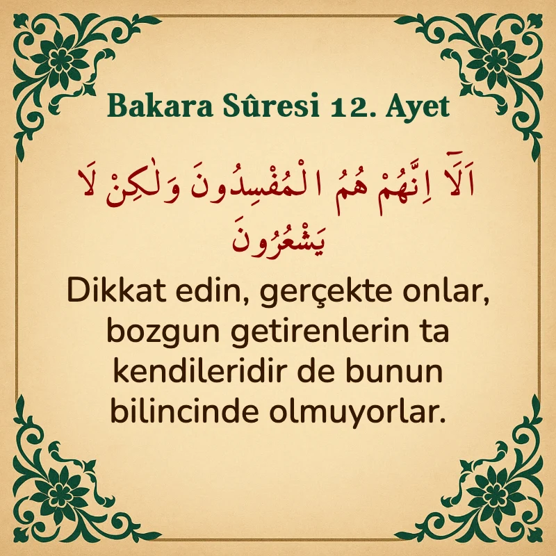Bakara Suresi 12. Ayet  Arapça ve Türkçe meali