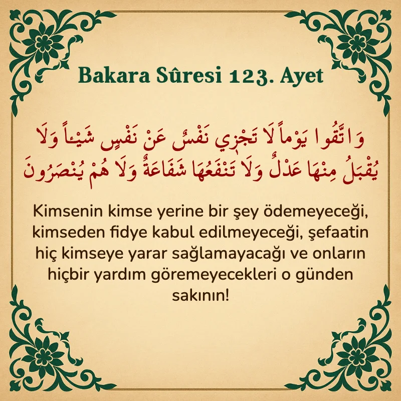 Bakara Suresi 123 Ayet  Arapça ve Türkçe meali