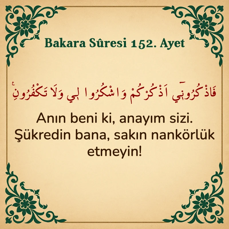 Bakara Suresi 152. Ayet Arapça ve Türkçe meali