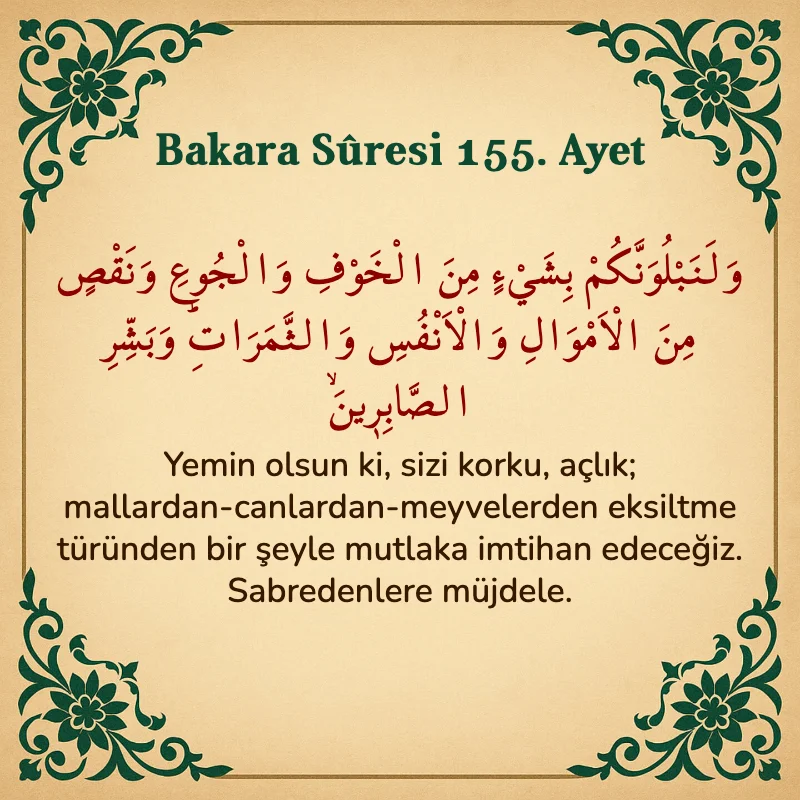 Bakara Suresi 155. Ayet Arapça ve Türkçe meali