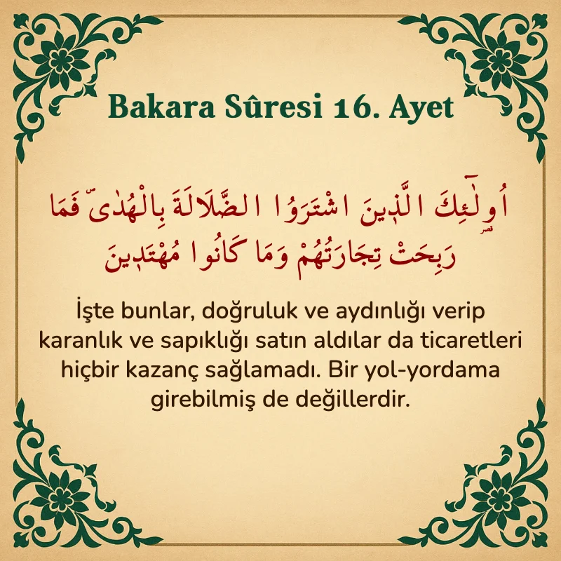 Bakara Suresi 16. Ayet Arapça ve Türkçe meali
