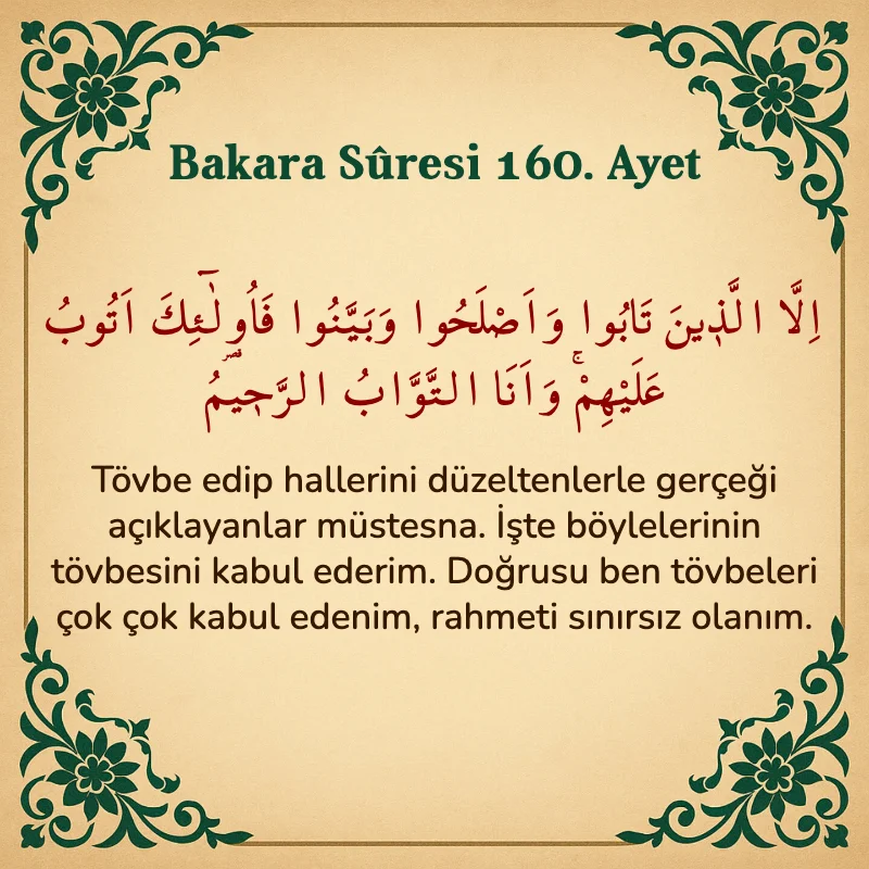 Bakara Suresi 160. Ayet  Arapça ve Türkçe meali