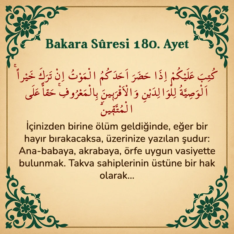 Bakara Suresi 180. Ayet Arapça ve Türkçe meali