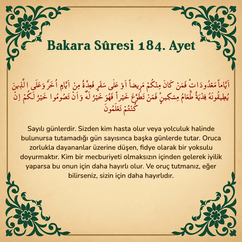 Bakara Suresi 184. Ayet  Arapça ve Türkçe meali