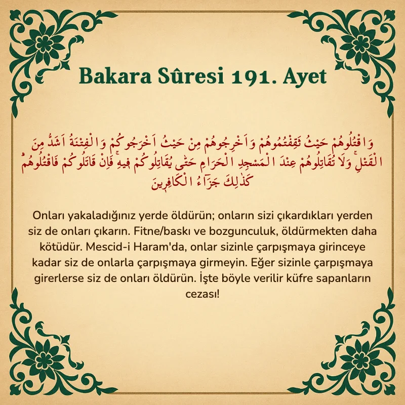 Bakara Suresi 191. Ayet Arapça ve Türkçe meali