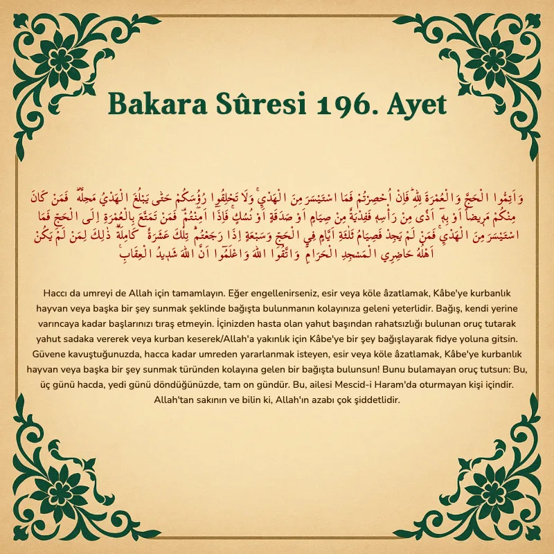 Bakara Suresi 196. Ayet Arapça ve Türkçe meali