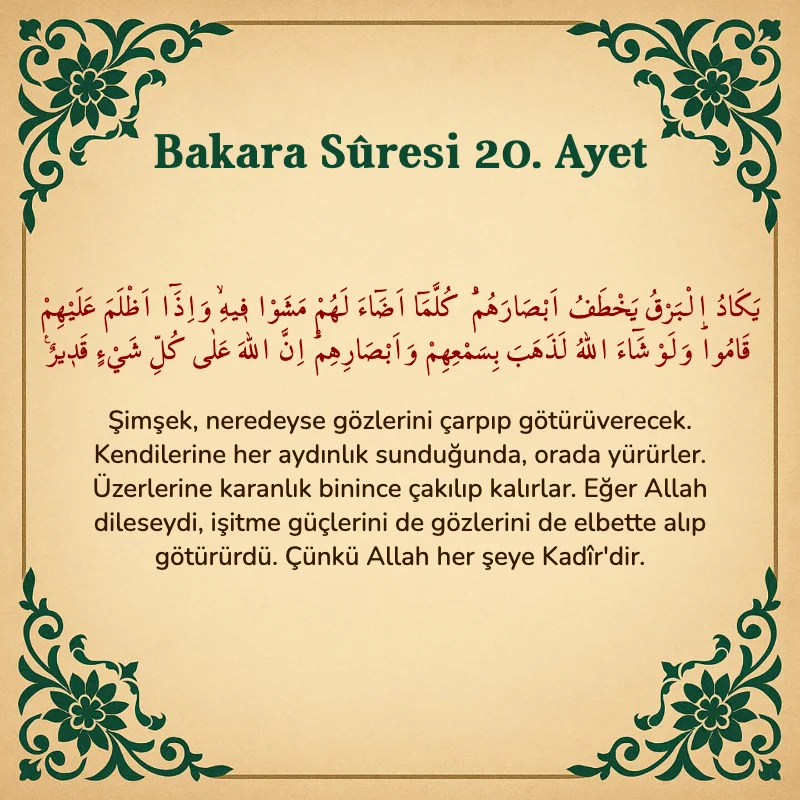 Bakara Suresi 20. Ayet Arapça ve Türkçe meali
