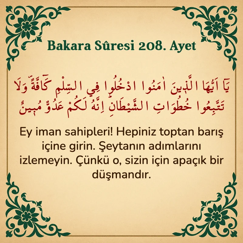 Bakara Suresi 208. Ayet  Arapça ve Türkçe meali