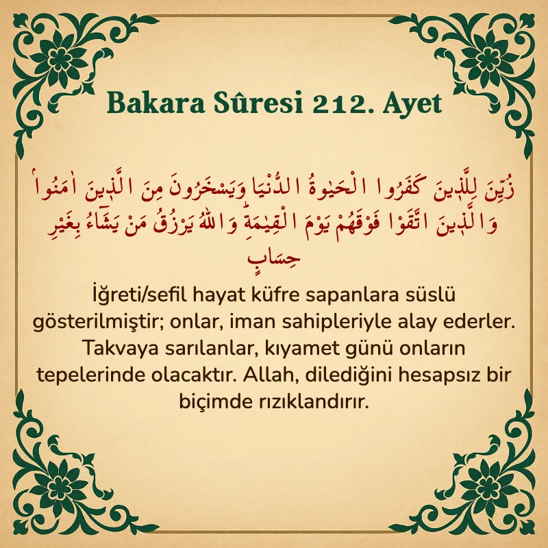 Bakara Suresi 212. Ayet  Arapça ve Türkçe meali