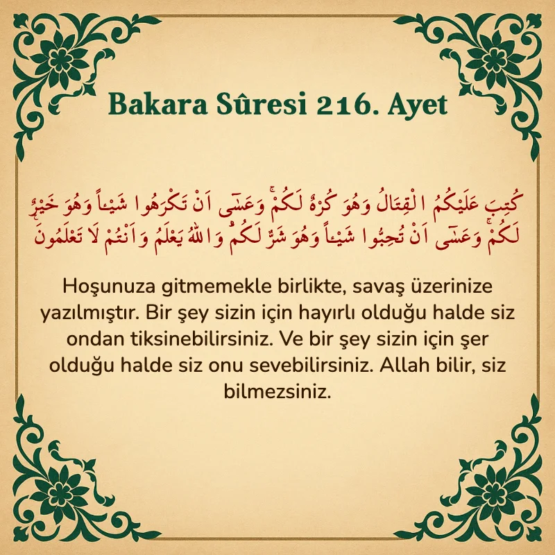 Bakara Suresi 216. Ayet  Arapça ve Türkçe meali