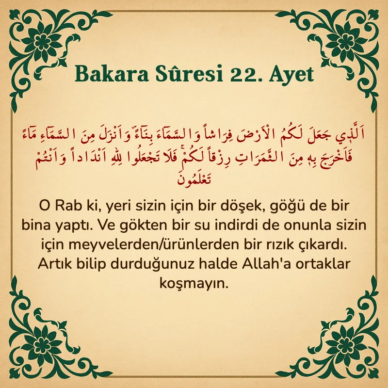 Bakara Suresi 22. Ayet  Arapça ve Türkçe meali