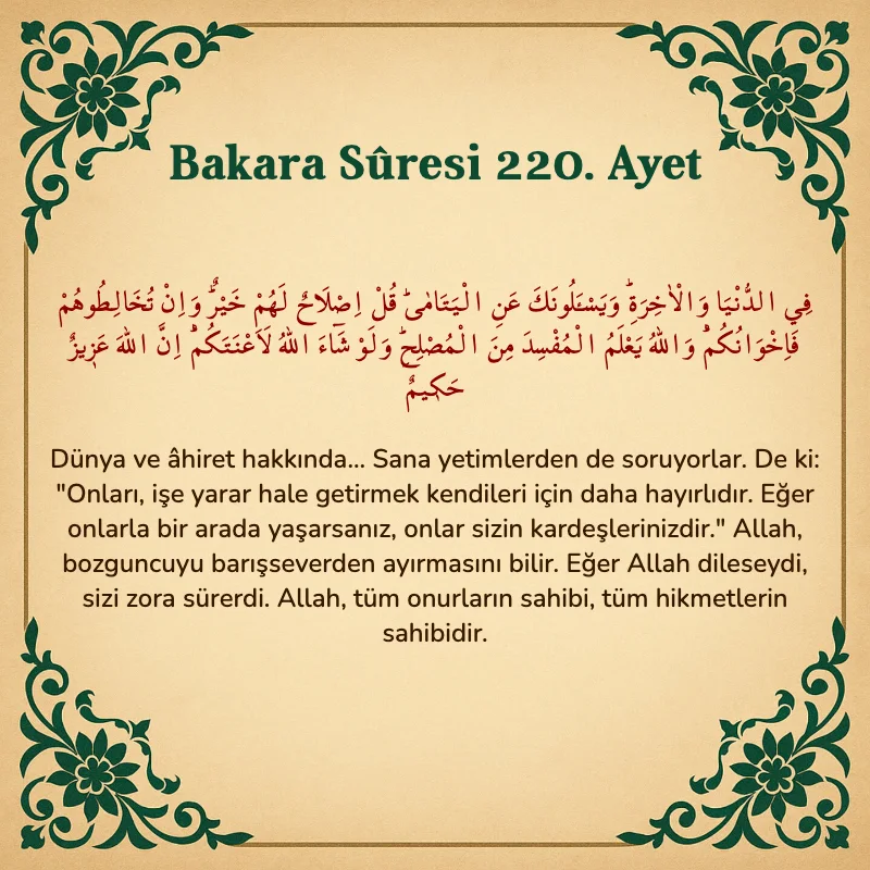 Bakara Suresi 220. Ayet Arapça ve Türkçe meali