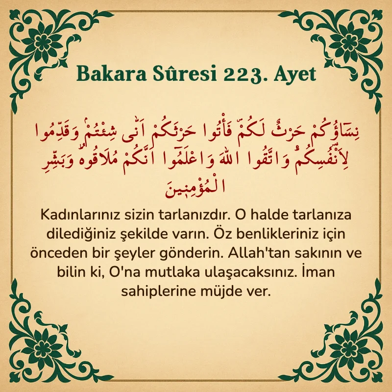 Bakara Suresi 223. Ayet Arapça ve Türkçe meali