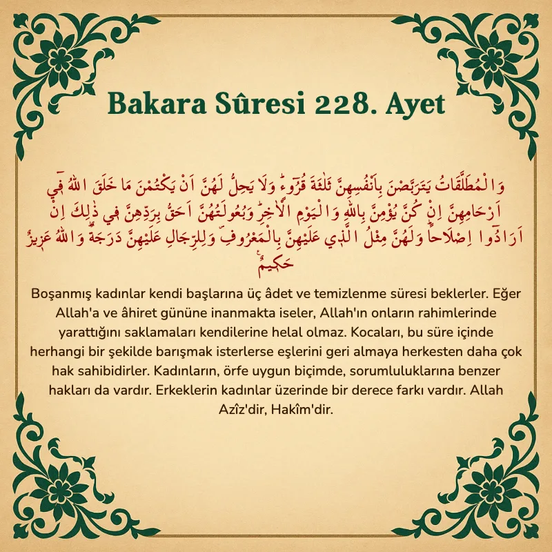Bakara Suresi 228. Ayet Arapça ve Türkçe meali