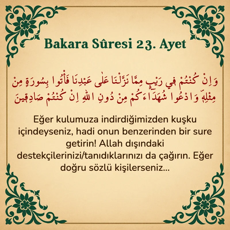 Bakara Suresi 23. Ayet  Arapça ve Türkçe meali