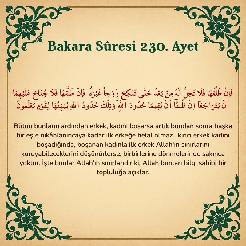 Bakara Suresi 230. Ayet Arapça ve Türkçe meali