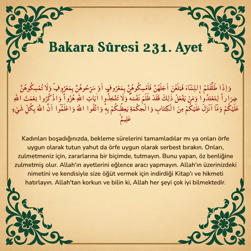 Bakara Suresi 231. Ayet Arapça ve Türkçe meali