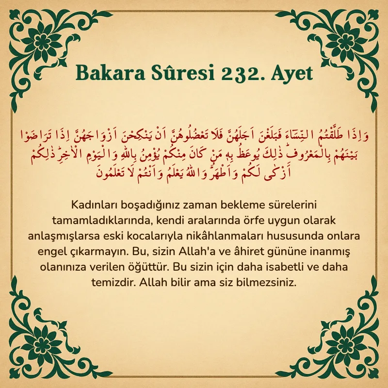 Bakara Suresi 232. Ayet Arapça ve Türkçe meali