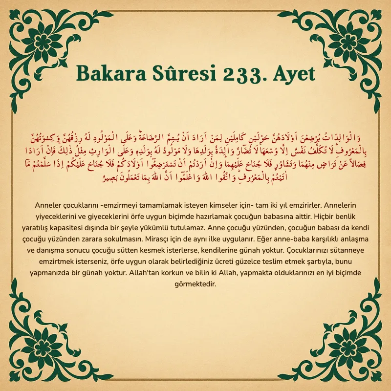 Bakara Suresi 233. Ayet Arapça ve Türkçe meali