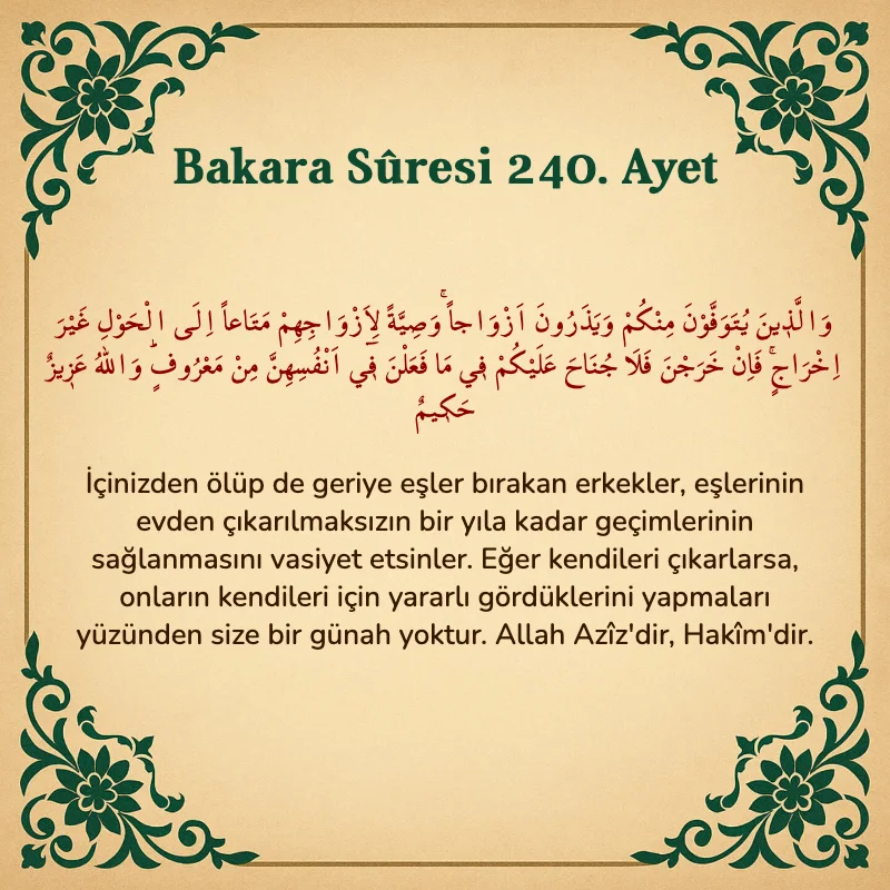 Bakara Suresi 240. Ayet Arapça ve Türkçe meali