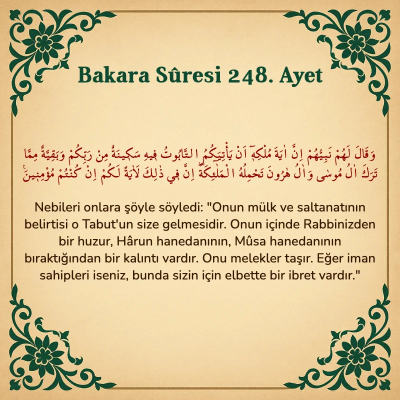 Bakara Suresi 248. Ayet  Arapça ve Türkçe meali