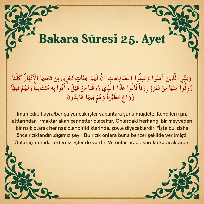 Bakara Suresi 25. Ayet Arapça ve Türkçe meali