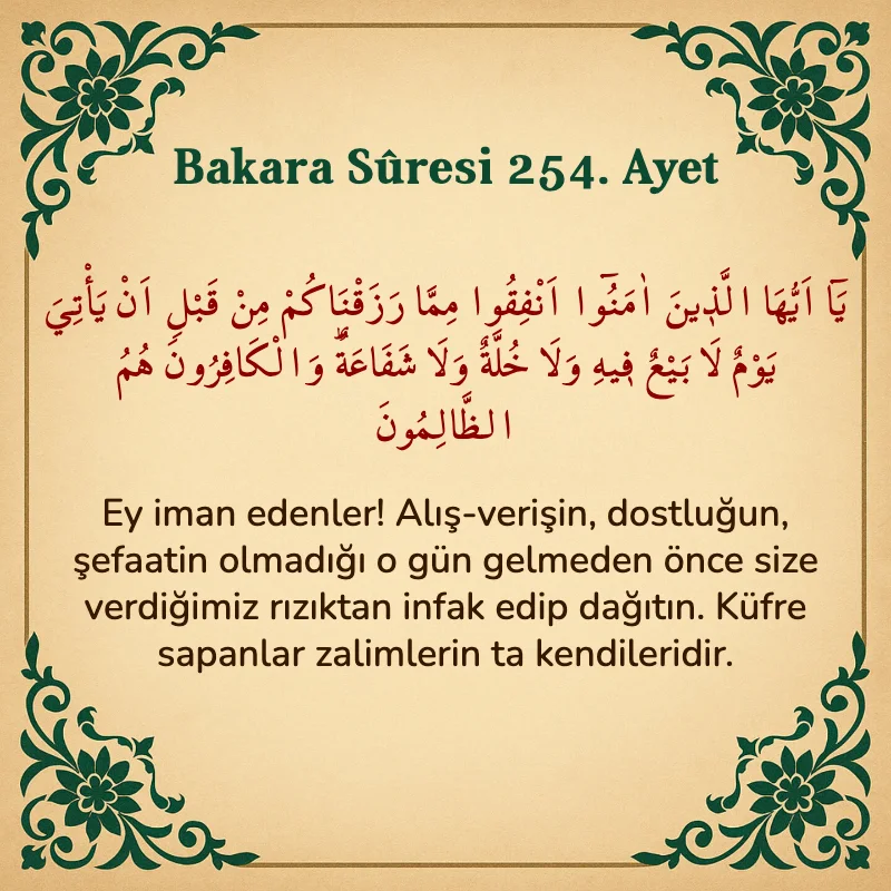 Bakara Suresi 254. Ayet  Arapça ve Türkçe meali