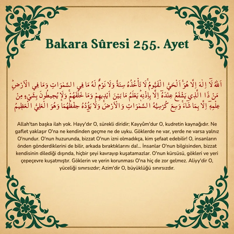 Bakara Suresi 255. Ayet  Arapça ve Türkçe meali
