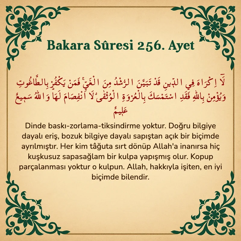 Bakara Suresi 256. Ayet  Arapça ve Türkçe meali