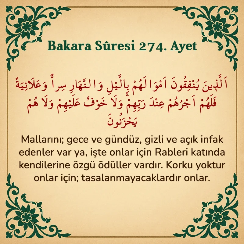 Bakara Suresi 274. Ayet Arapça ve Türkçe meali