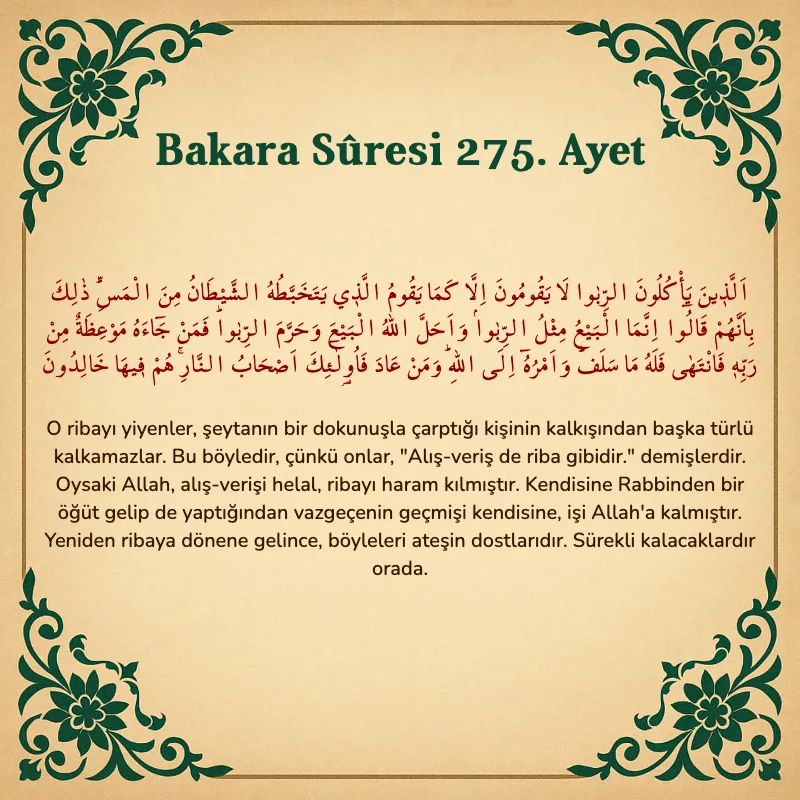 Bakara Suresi 275. Ayet  Arapça ve Türkçe meali