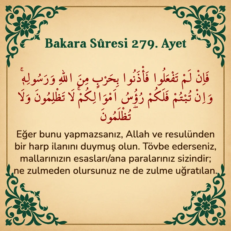 Bakara Suresi 279. Ayet Arapça ve Türkçe meali