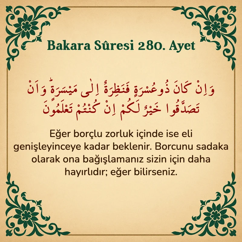 Bakara Suresi 280. Ayet Arapça ve Türkçe meali