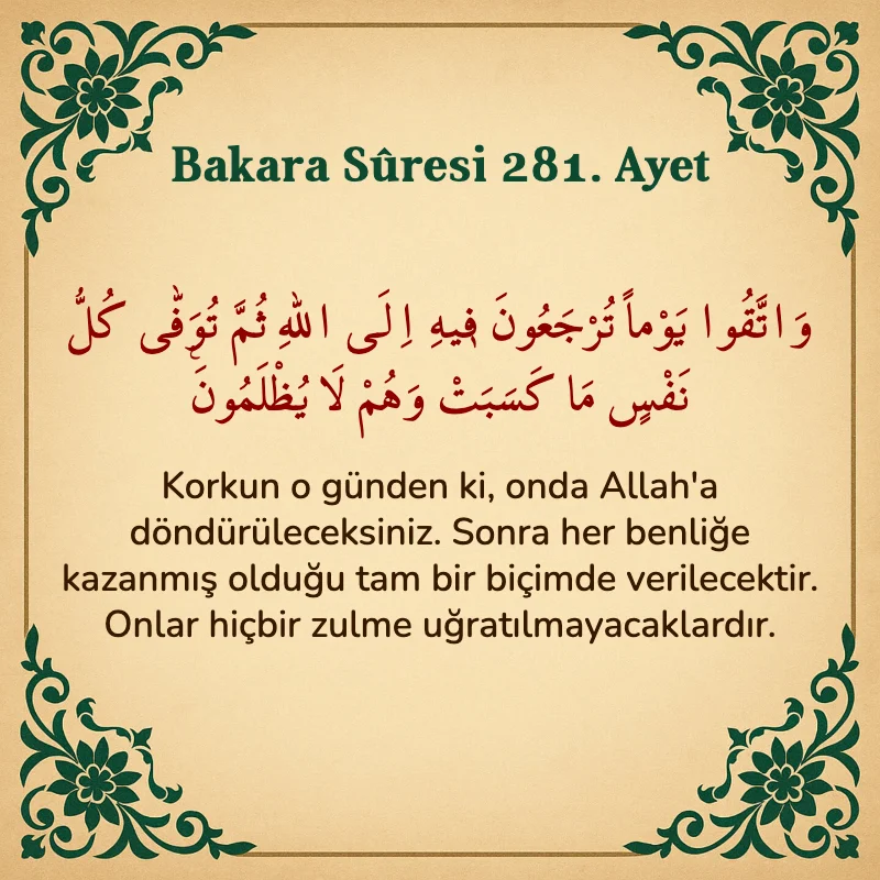 Bakara Suresi 281. Ayet Arapça ve Türkçe meali