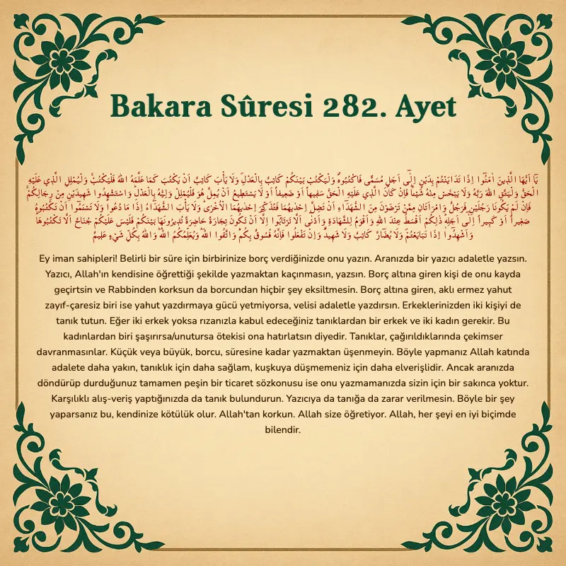 Bakara Suresi 282. Ayet Arapça ve Türkçe meali
