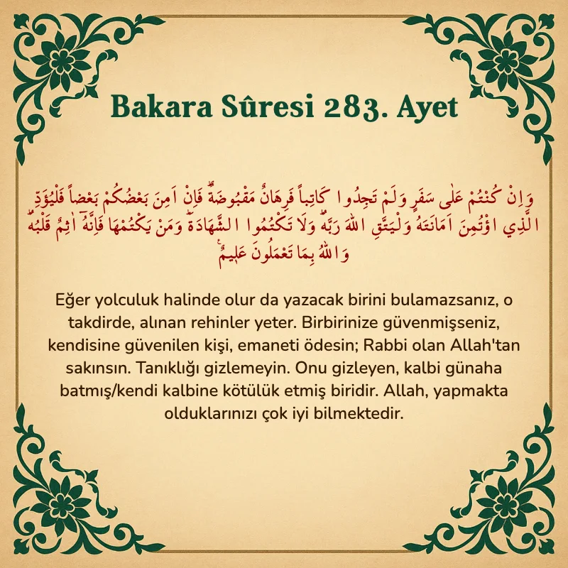 Bakara Suresi 283. Ayet Arapça ve Türkçe meali