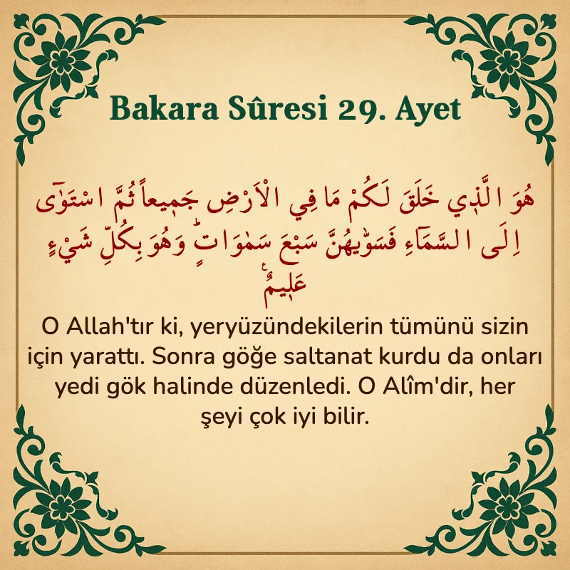 Bakara Suresi 29. Ayet  Arapça ve Türkçe meali