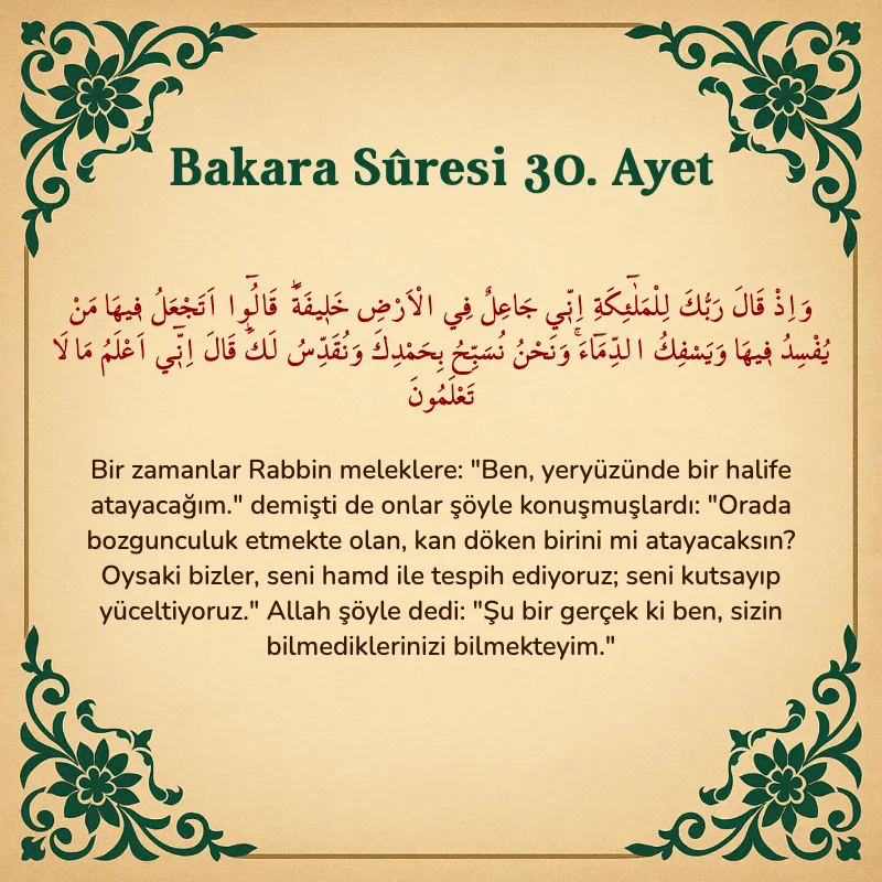 Bakara Suresi 30. Ayet  Arapça ve Türkçe meali