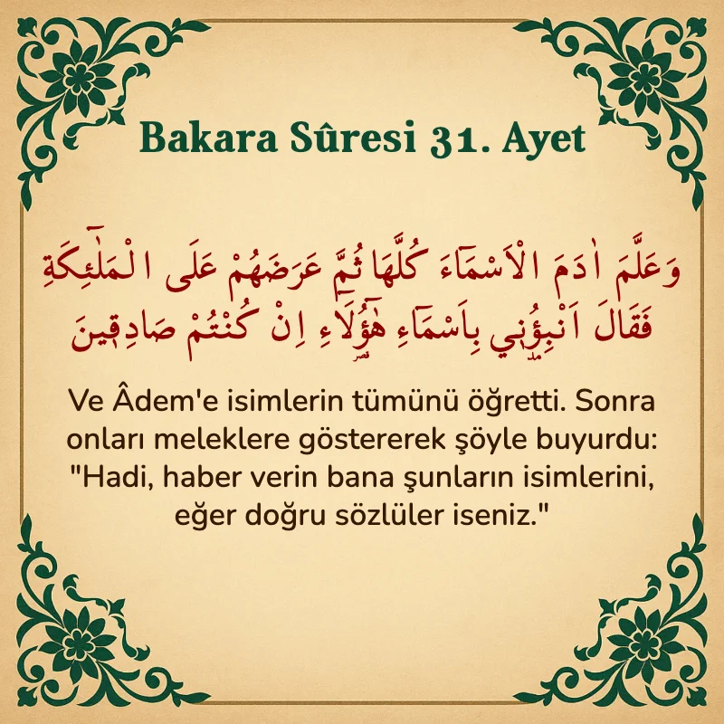 Bakara Suresi 31. Ayet  Arapça ve Türkçe meali