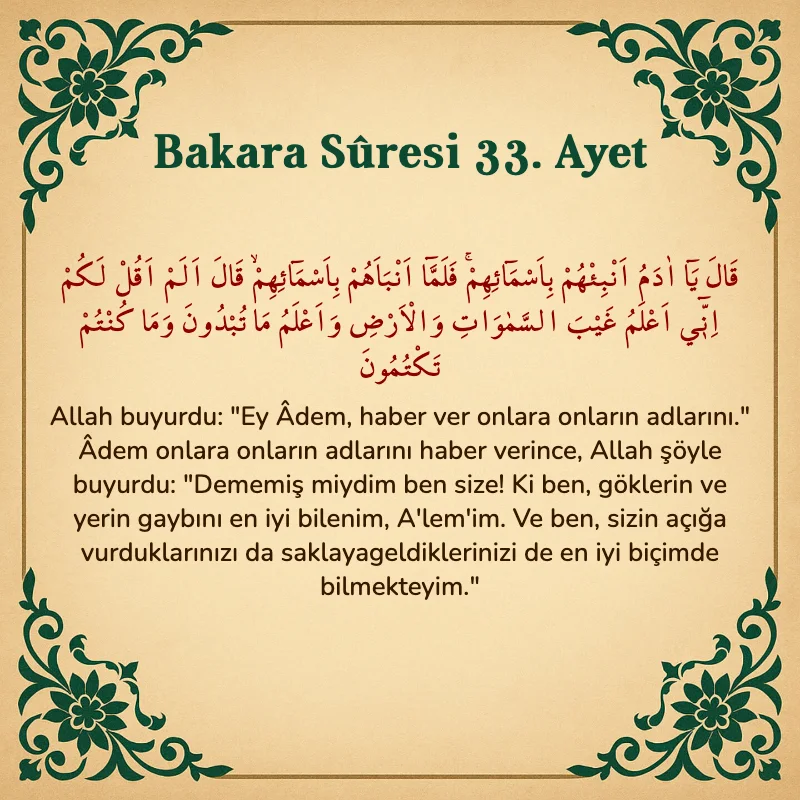 Bakara Suresi 33. Ayet  Arapça ve Türkçe meali