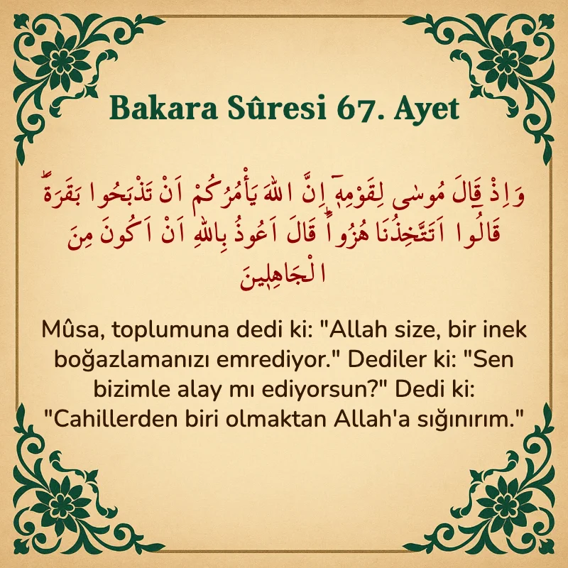 Bakara Suresi 67. Ayet Arapça ve Türkçe meali